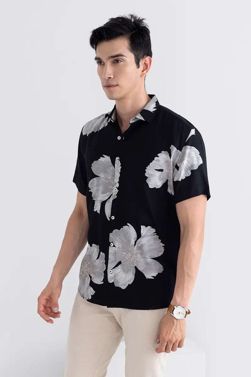Men's Black Floral Print Short Sleeve Shirt